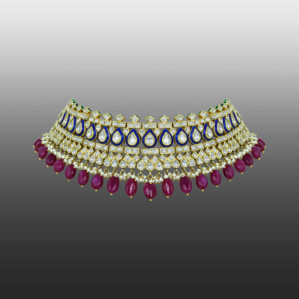 Regal Polki Choker with Blue Enamel and Ruby Tumbles